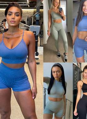 欧美运动套装无缝吊带长短裤健身服撸铁上衣 workout clothes GYM