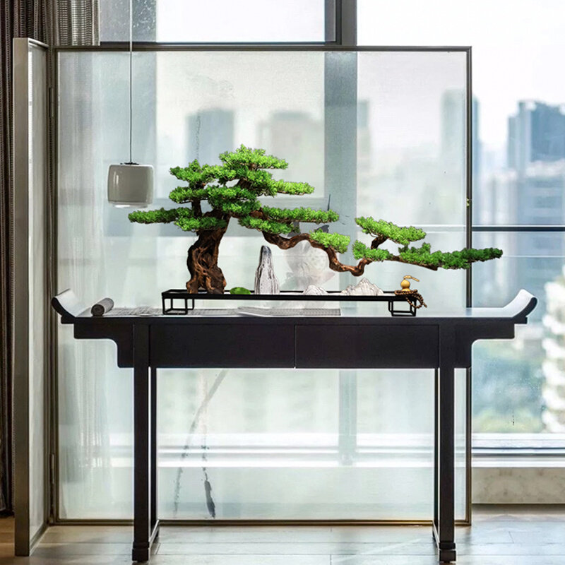 新中式风化木迎客松盆景禅意摆件微景观绿植假山造景客厅玄关装饰