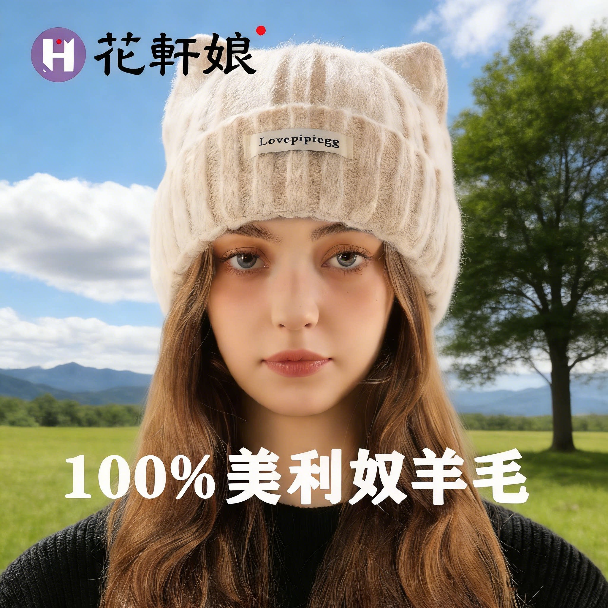 花轩娘秋冬季新款100%羊毛帽时尚保暖显脸小可爱猫耳朵针织毛线帽