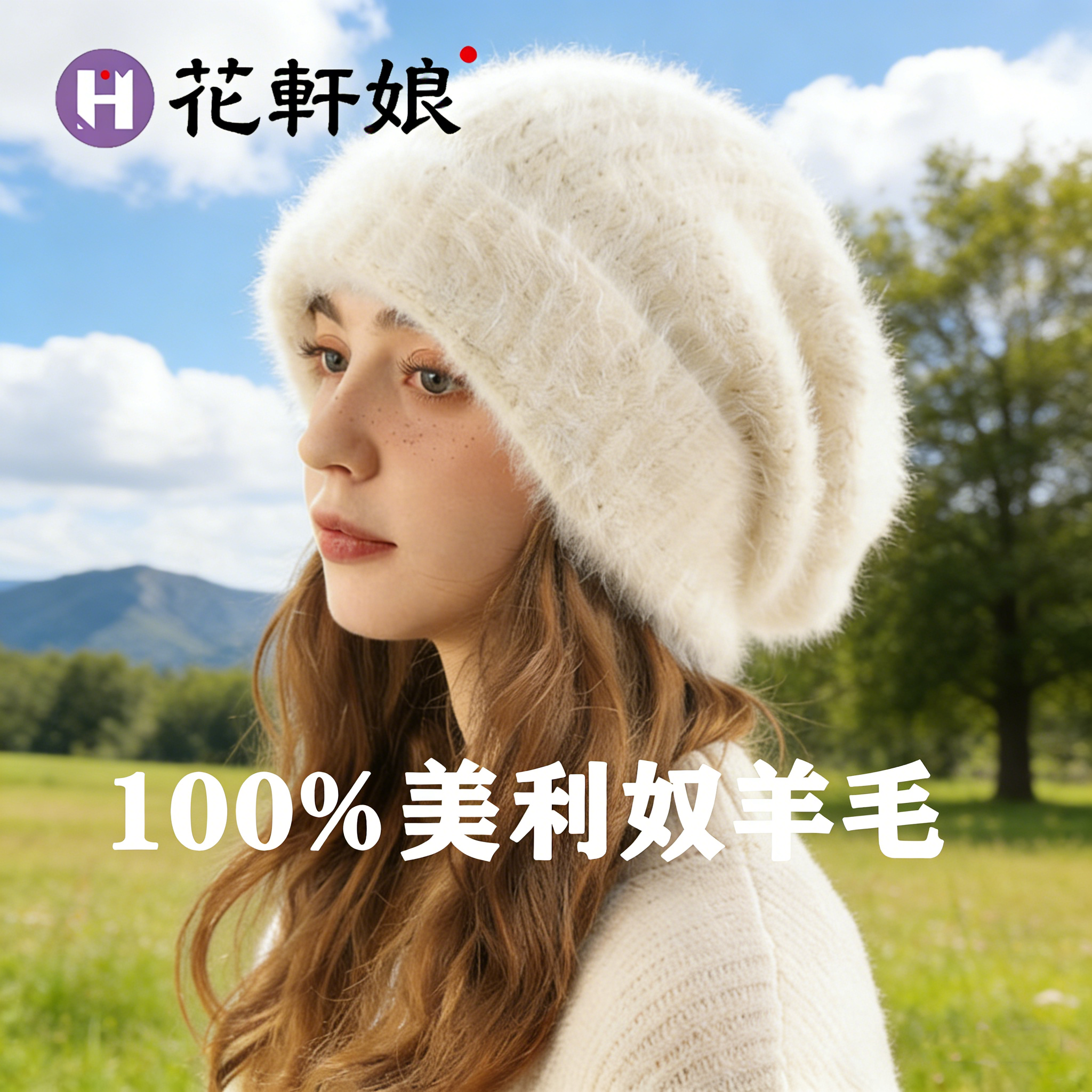 花轩娘女秋冬季100%羊毛帽保暖加厚大头围显脸小毛绒针织护耳帽女