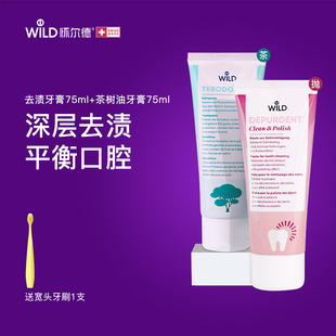 Wild怀尔德去渍茶树油牙膏组合家庭装 清洁防蛀臭正畸清新口气瑞士