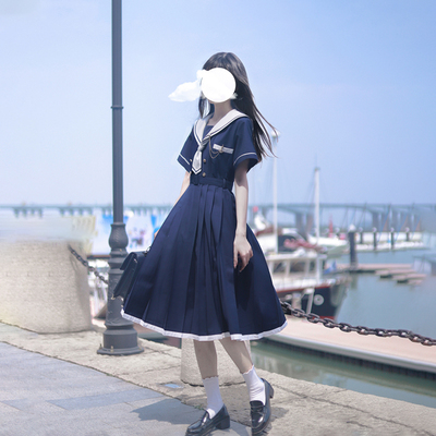 学院风JK制服水手服连衣裙女夏季新款海军领盛夏短袖高腰学生长裙