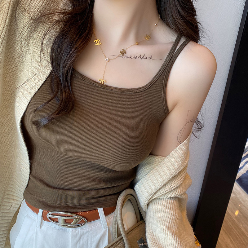 纯棉吊带背心女内搭秋冬2023新款加绒加厚白色带胸垫保暖打底上衣