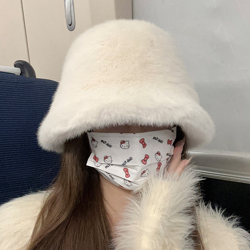 白色毛绒渔夫帽女冬季保暖显脸小毛茸茸软糯盆帽水桶帽百搭大头围
