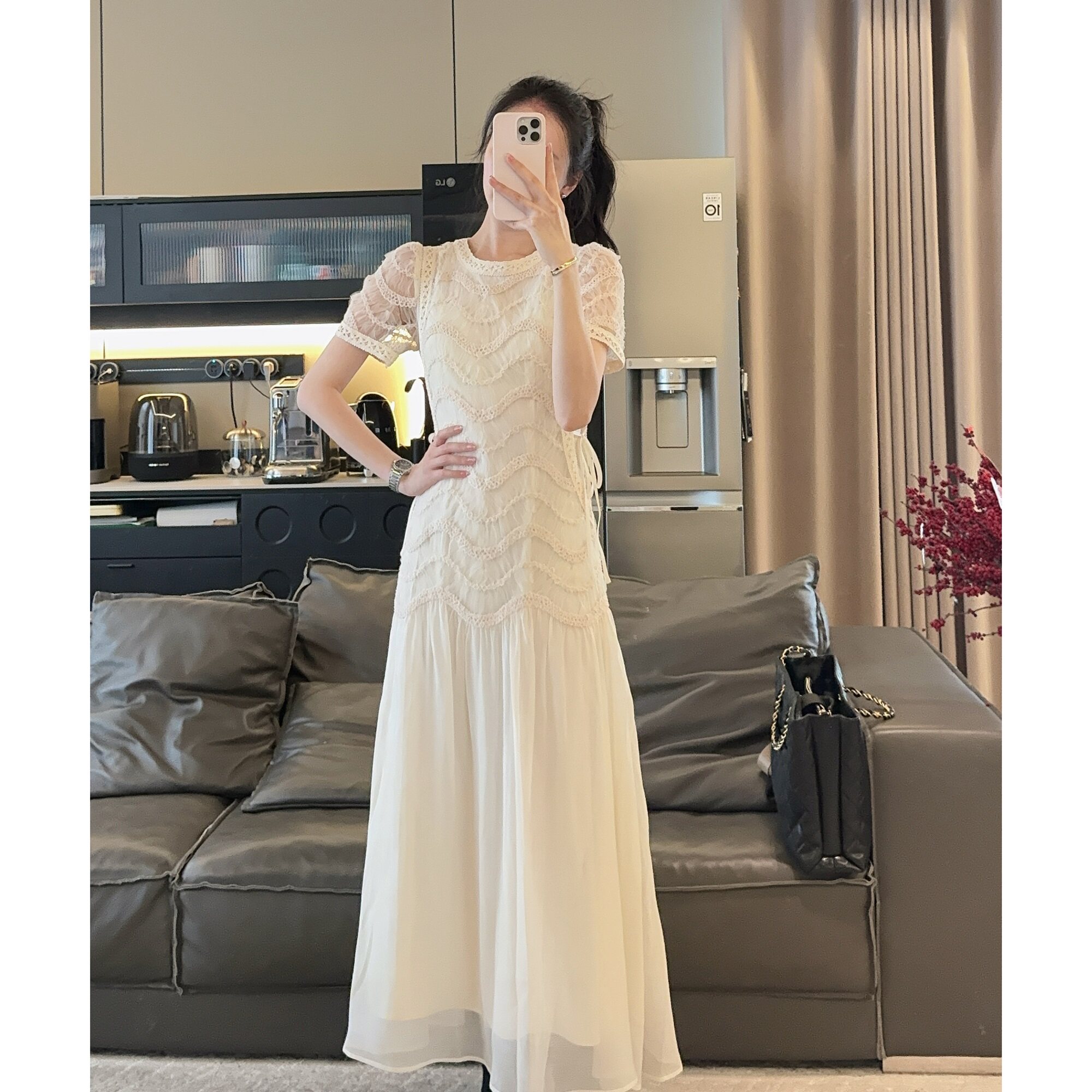 法式名媛风气质短袖连衣裙女2025夏季新款高级感绝美收腰显瘦长裙