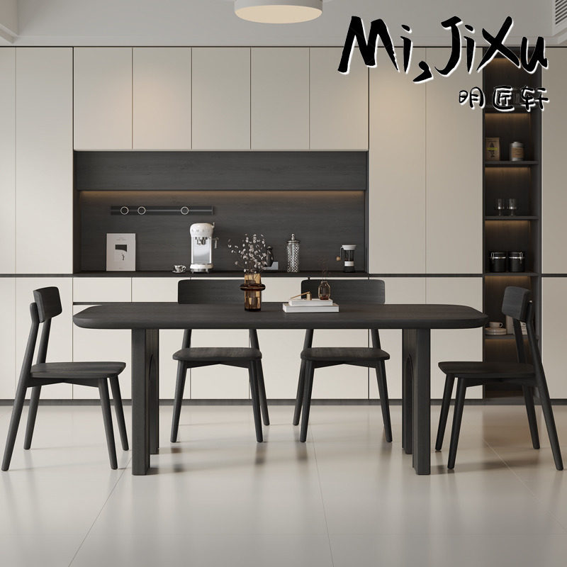 明匠轩家居极简风高级黑色岩板餐桌家用镂空脚设计多人用餐饭桌