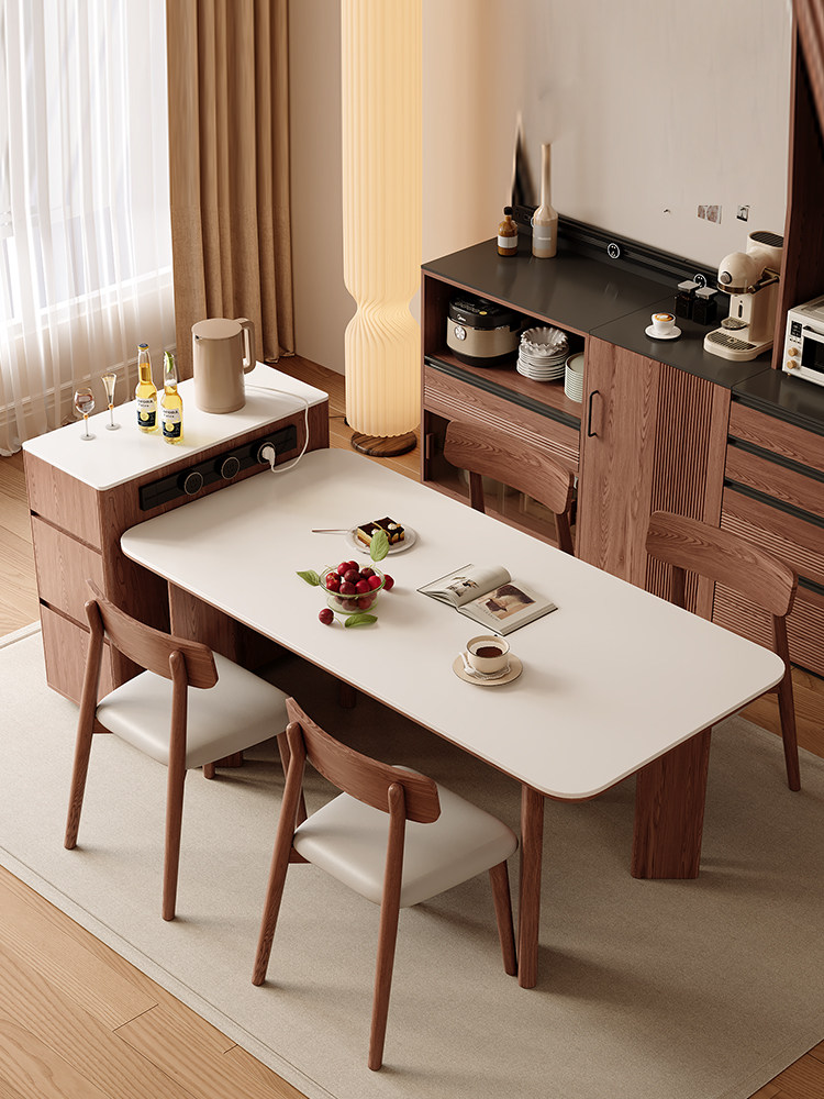 北欧高端实木板岩多功能餐桌椅组合家居覆古带电源移动岛柜