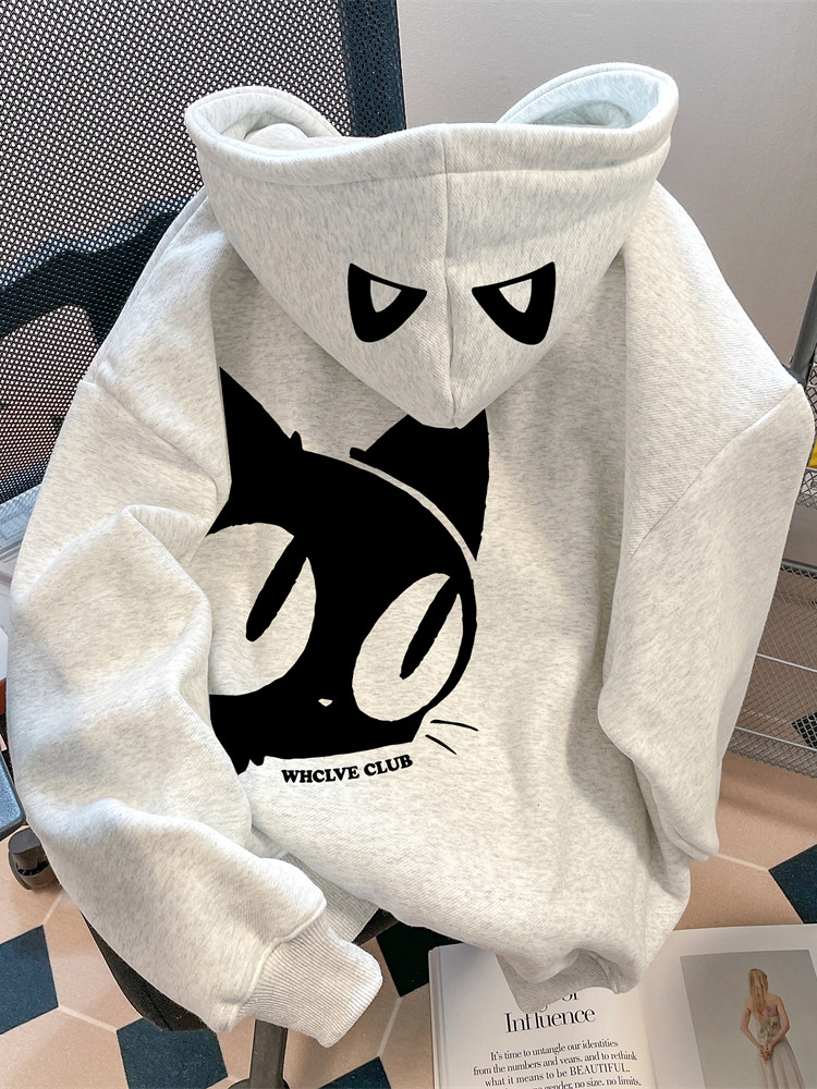 冬季加绒日系减龄趣味猫咪卫衣女初中生休闲洋气百搭宽松连帽上衣