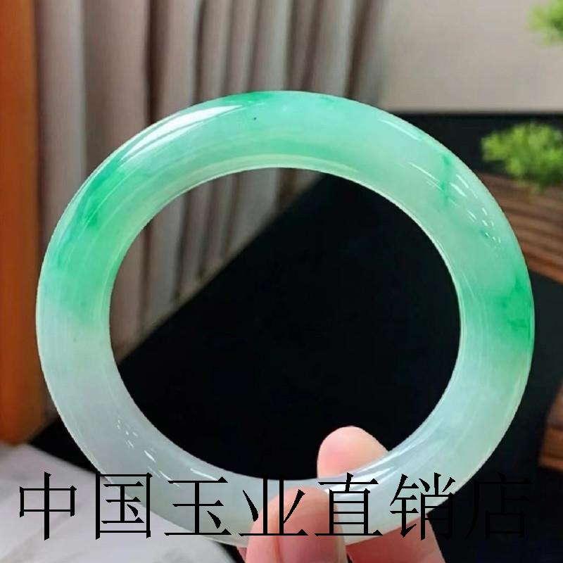 高端玉石缅甸豆种翡翠色手镯糯种女款飘绿阳绿飘花贵妃正圈玉镯子