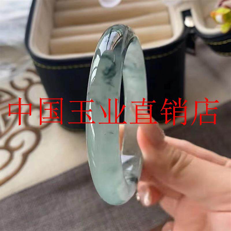 翡翠色手镯冰糯种乌鸡飘花玉手镯国风山水墨色少女感正圈平安镯子