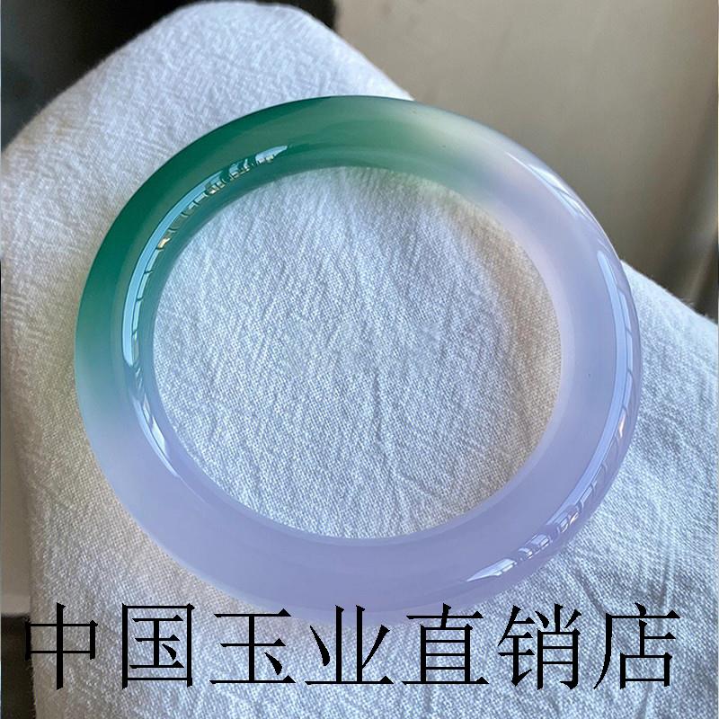 高端精品冰种油青半山水玛瑙手镯复古绿玉髓渐变圆条镯子古风女款