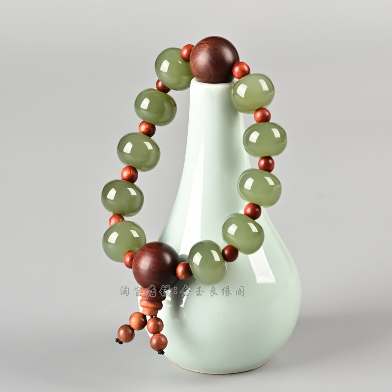 新疆和田玉青海料湖水青玉手链玉石手串青白玉紫檀木转运珠串手链