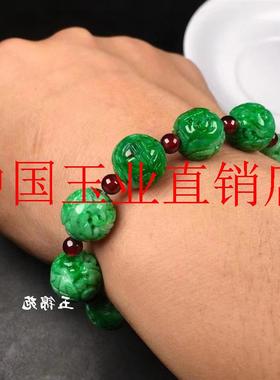 缅甸翡翠色干青辣绿龙珠男女仿古雕工转运珠手链精美回纹珠玉手串