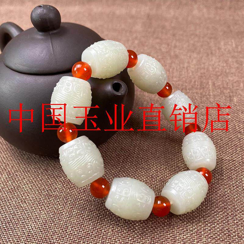 和田玉手串回纹转运珠桶珠雕刻手链新疆路路通玉石手链青白玉山料