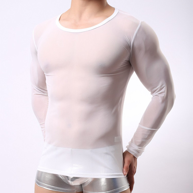 男士薄款性感透明显肌肉线条家居服男网纱长袖睡衣男款透视超薄