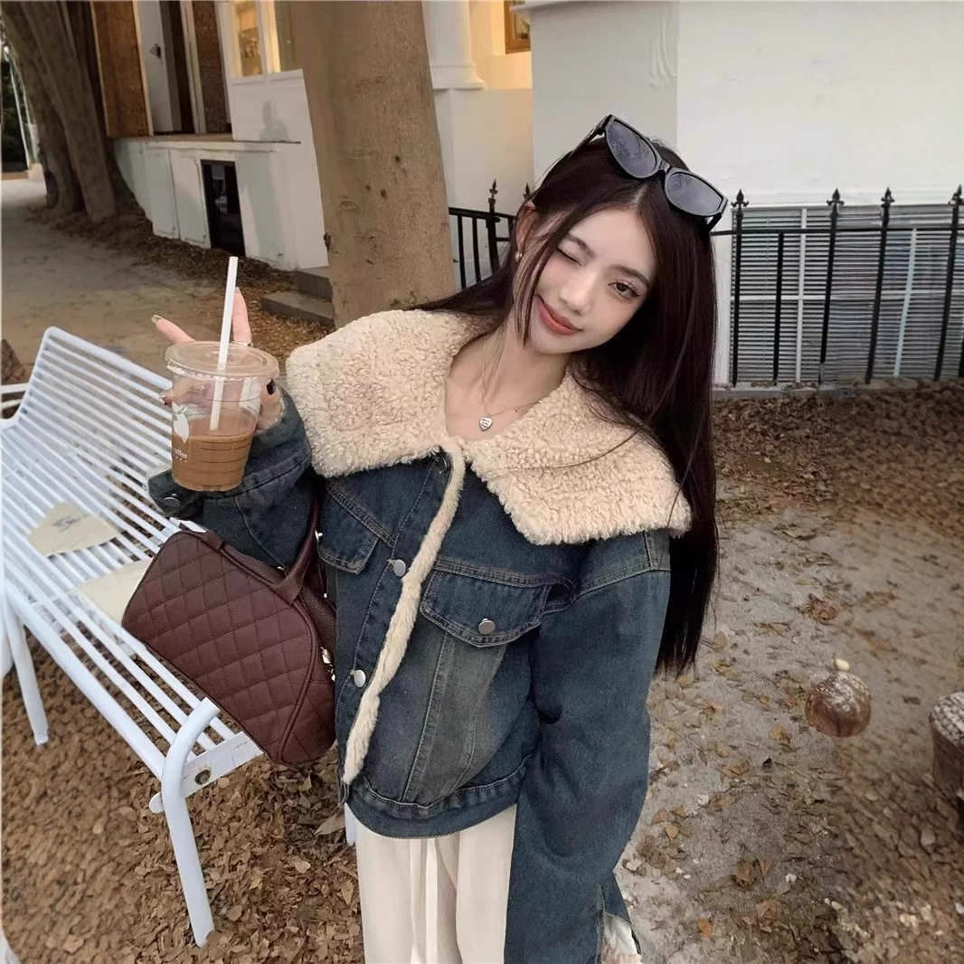 加绒加厚牛仔外套女秋冬季202短外套