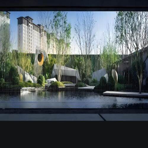 室内展厅车展会展中心拉线水帘氛围装饰圆形矩形光纤水幕