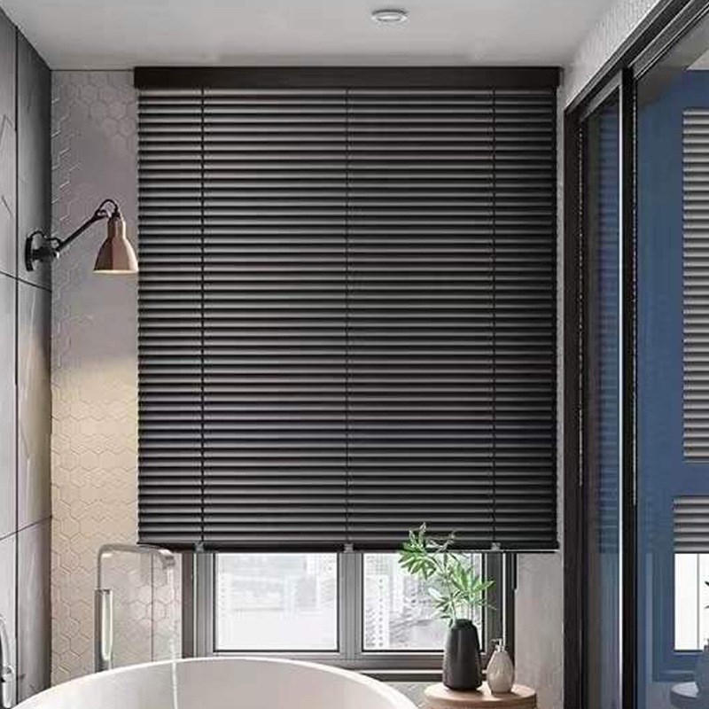 厂型加密黑e色铝百叶窗帘家用防水遮光升降卫生间浴室提拉帘