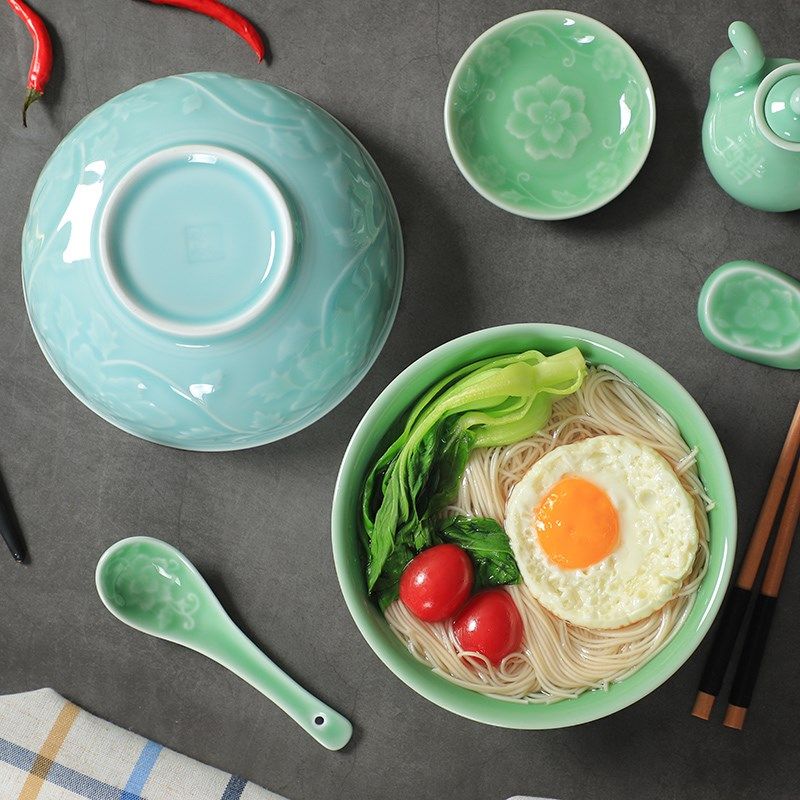 陶瓷面碗家用龙泉青瓷6/7英寸大号米饭碗拉面碗缠枝牡丹加厚汤碗,餐饮具,碗,淘宝优惠券,粉丝福利购,淘宝优惠卷