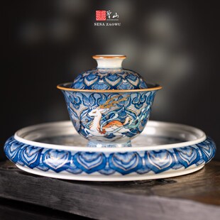 圣山X旬真堂陈童作品 青花措金银粉彩茶具盖碗套组 宝华莲鹿王