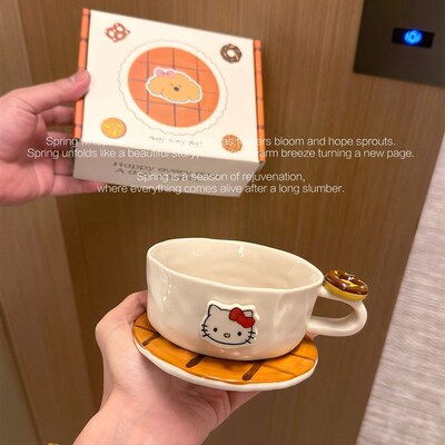 手绘釉下彩可爱KT陶瓷餐具家用餐盘米饭碗分格盘咖啡杯勺子送礼物