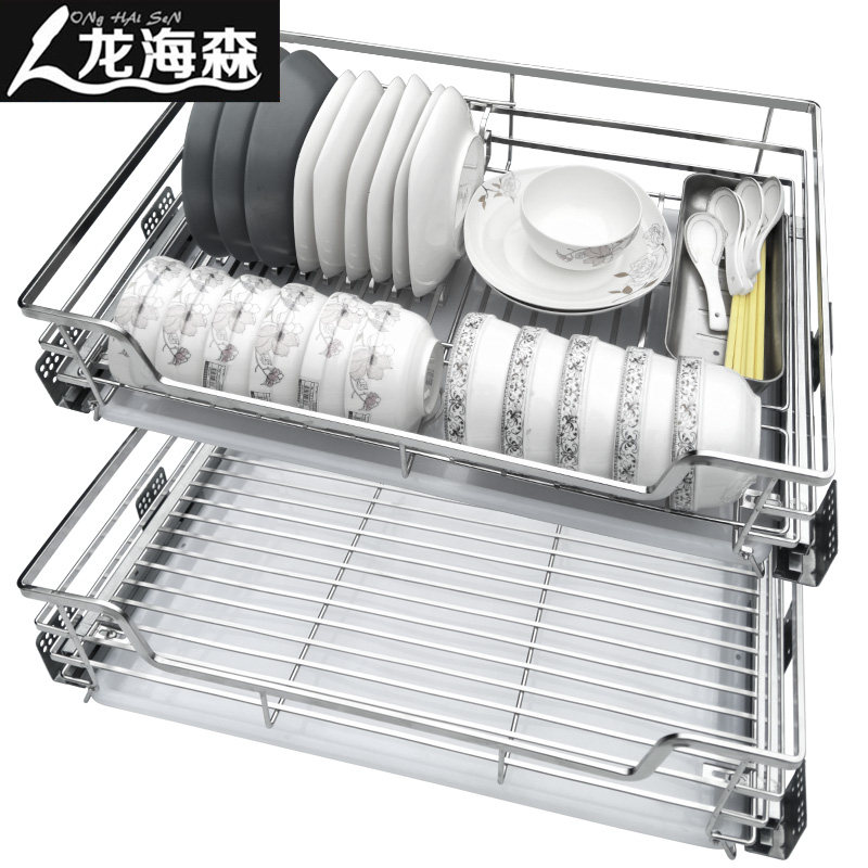 龙海森厨房橱柜拉篮304不锈钢收纳调味篮碗架双层抽屉式碗碟碗篮