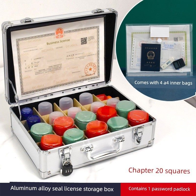 铝合金印章收纳盒营业执照印章箱密码锁公章盒20格印章执照收纳包
