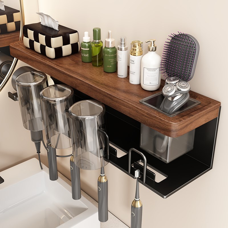 胡桃木吹风机置物架卫生间免w打孔浴室厕所洗漱台风筒支架牙刷挂