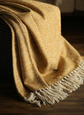 样板间黄色蓝色呢绒流苏搭毯床尾巾酒店民宿P专用床尾毯软装配色