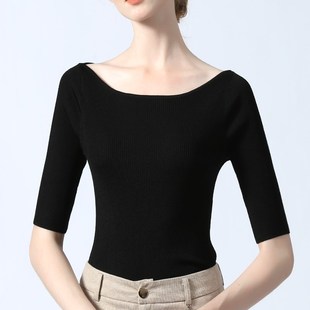 打底中袖 女薄款 上衣夏季 修身 紧身线衣黑色 一字肩领半袖 短款 针织衫