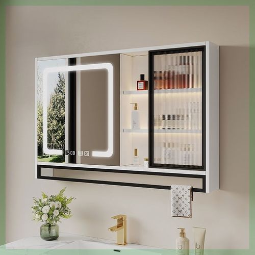 智能浴室镜柜挂墙式玻璃门层板灯卫生间镜子置物架单独收纳一体柜