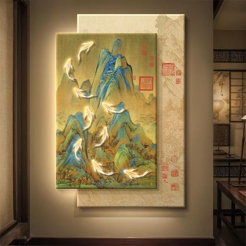 千里江山图入户玄关装饰画九鱼轻奢高级感客厅沙发背景墙挂画壁灯