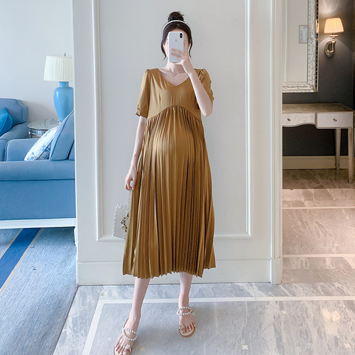 孕妇装连衣裙a字短袖2021年夏季新款V领贵气裙子气质高腰中长裙