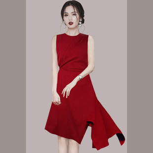 红色荷叶摆连衣裙 显瘦无袖 高端气质敬酒服新娘小礼服2025夏装 新款