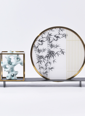 新中式铁艺竹叶亚克力配饰摆件样板房售楼处茶室客厅玄关软装饰品