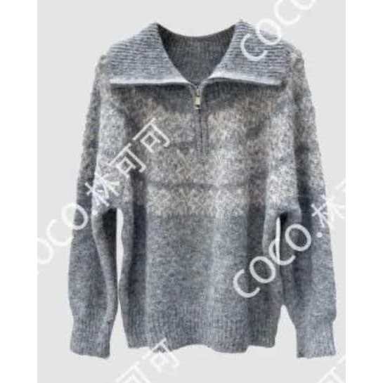 2025年新款羊毛开衫长袖条纹甜美风半开领保暖针织衫灰色外搭毛衣