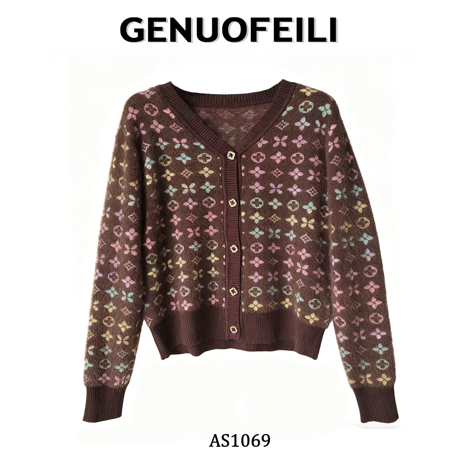 水貂毛高腰短款提花外搭针织开衫四叶草开衫 AS1069