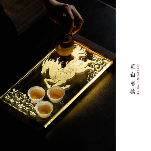 马到成功发光水晶玻璃茶台胡桃木