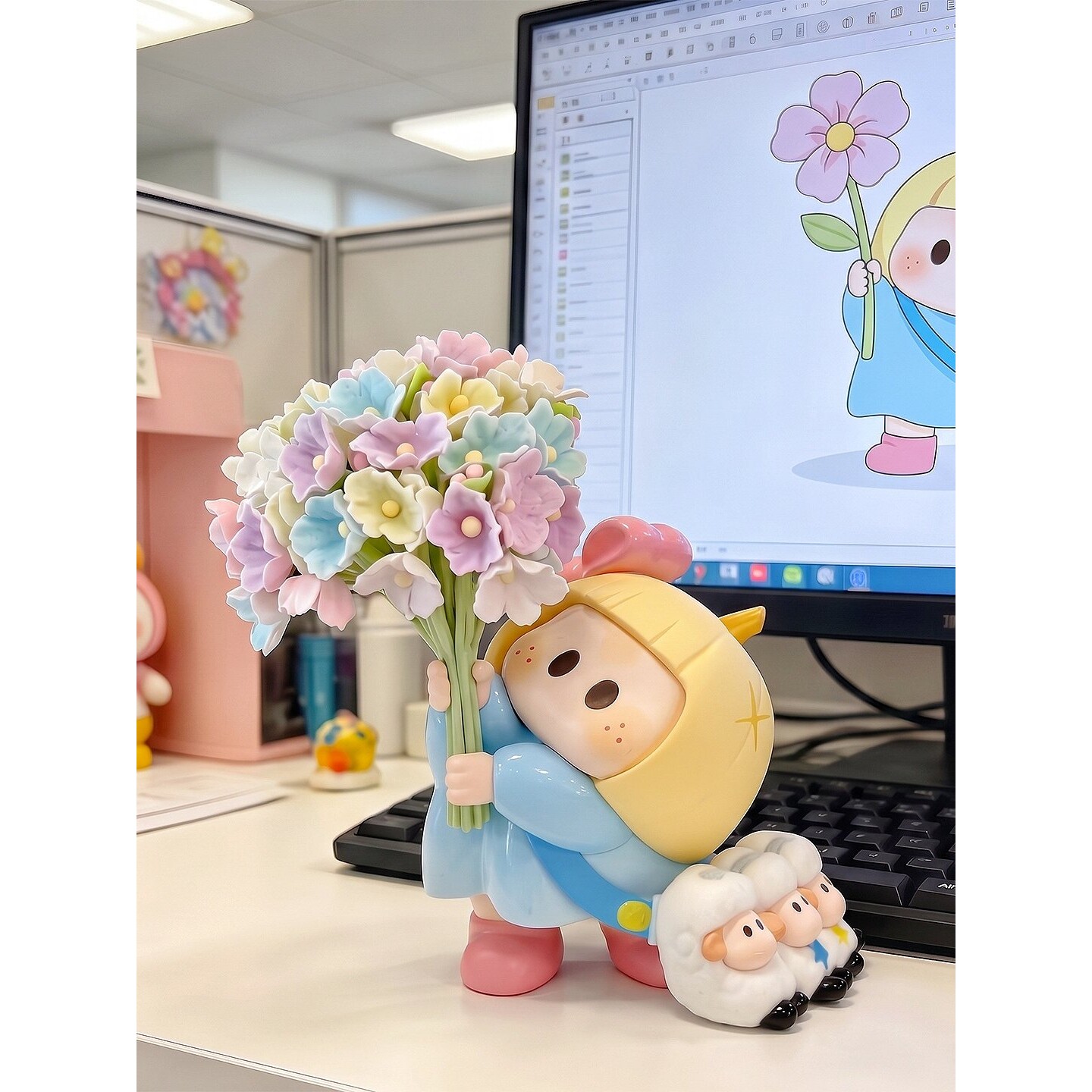 yoyo酱手持鲜花仿真花左右酱办公室工位电脑桌面摆件创意装饰配件