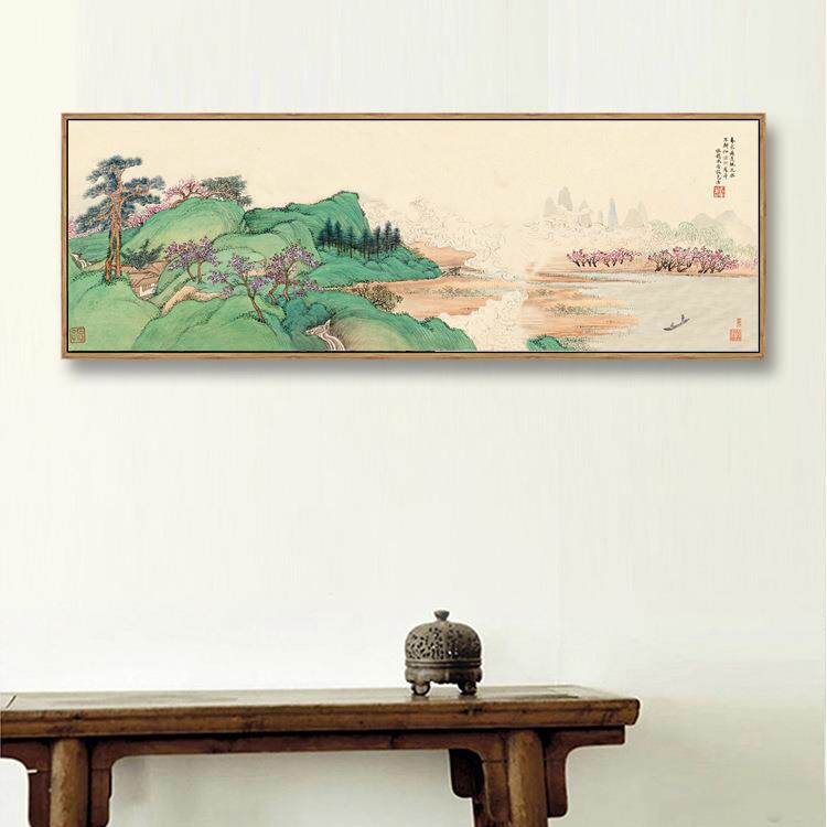 新中式装饰画桃花源青绿山水画客厅背景风水现代茶室卧室床头挂画
