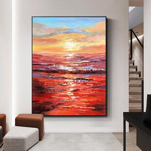 大幅手绘油画海上日出现代玄关走廊过道办公室立体装饰画餐厅壁画