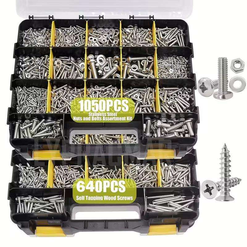 跨境1690pcs不锈钢十字盘头螺丝螺母套装沉头自攻螺丝木螺丝盒装