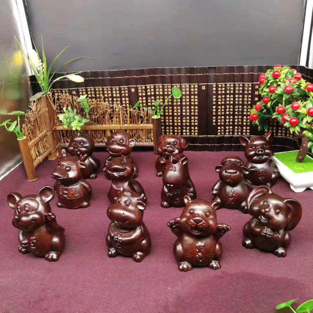 木雕黑檀木十二生肖茶盘家居摆设12只马牛龙兔虎鼠羊猪狗鸡蛇猴