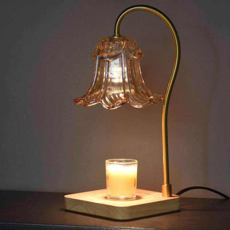 美式香熏灯融蜡灯玻璃花瓣琥珀圆角实木铜色跨境定时调光装饰台灯