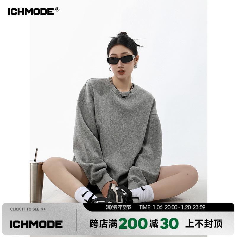 ICH MODE 美式圆领加绒灰色卫衣女春秋2025新款宽松慵懒纯色外套