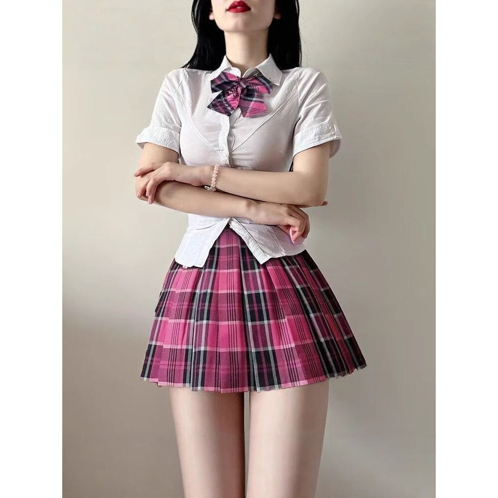 小田町jk学院风韩版校服套装白色衬衫收腰显瘦格子百褶裙半身短裙