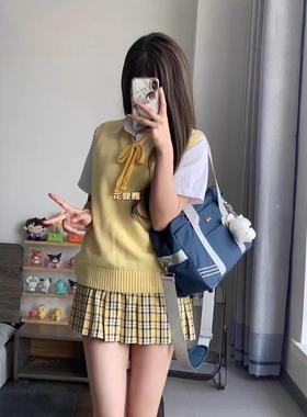 小田町jk秋季jk黄色杏色格裙百褶裙春秋季马甲背心衬衫套装日系学