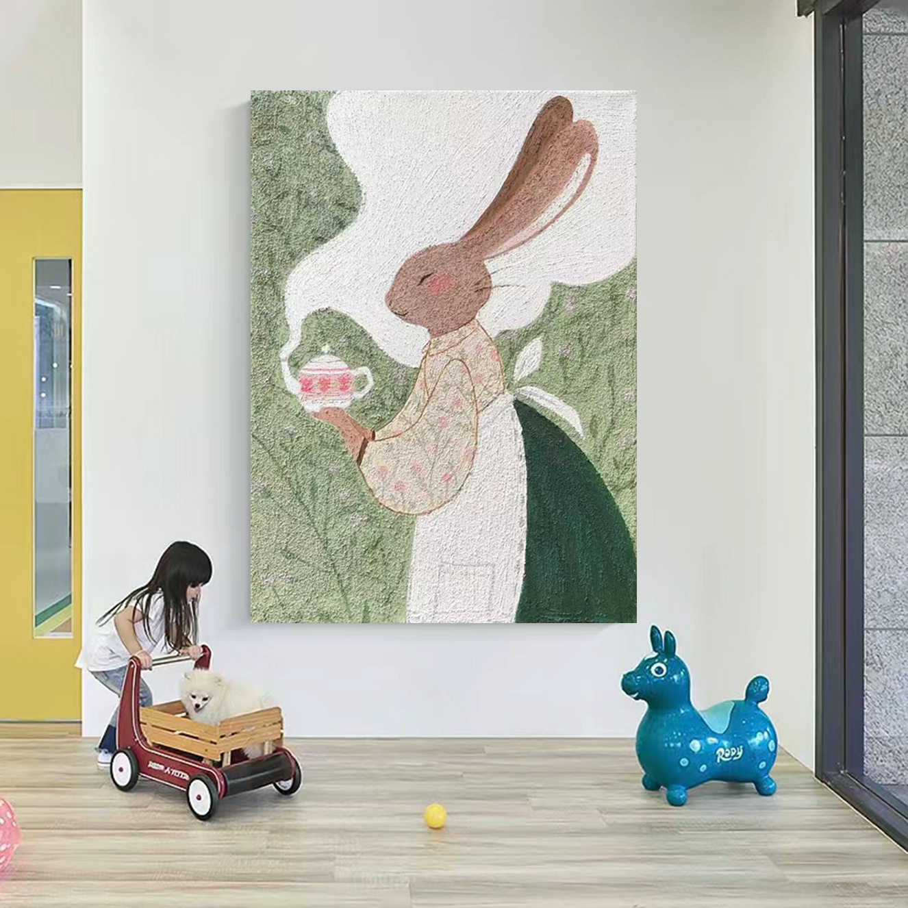 手绘油画玄关肌理画客厅装饰画儿童房抽象兔子奶油风动物挂画