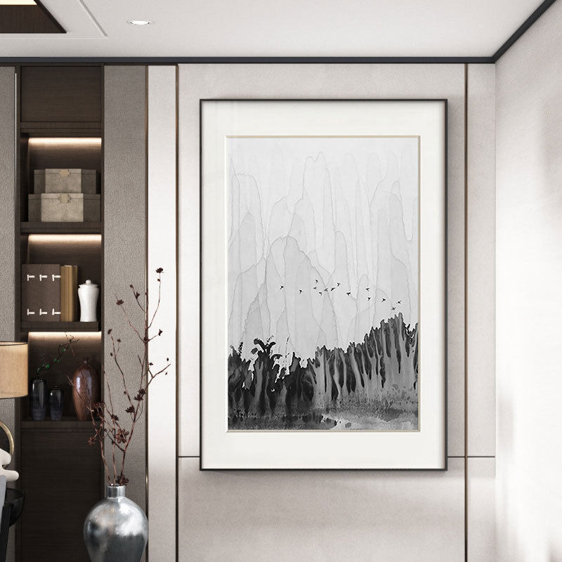 新中式水墨山水装饰画现代民宿酒店客厅背景墙挂画黑白灰古风壁画