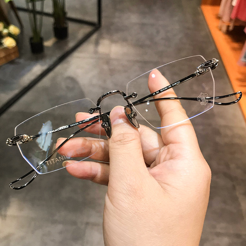 简丹剋萝心潮百搭近视眼镜框男女纯钛超轻无框孔防蓝光变色镜架